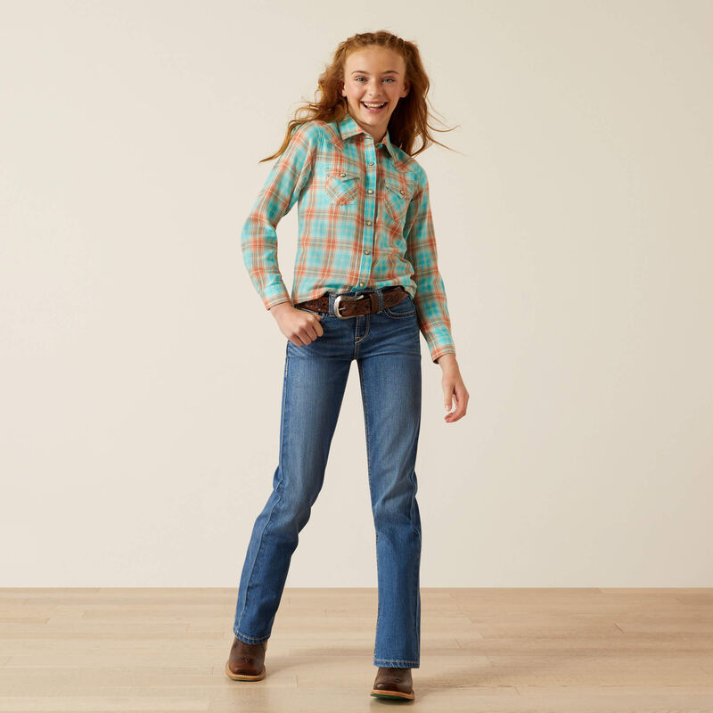 Ariat Girl's Edan Blue Plaid Long Sleeve Snap Shirt