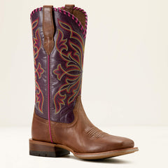 Ariat Women's Showdown Western Broad Square Toe Boot - Dark Tan / Purple