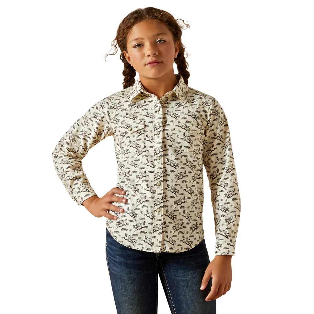 Ariat Girl's Rodeo Time Long Sleeve Cream Western Snap Shirt