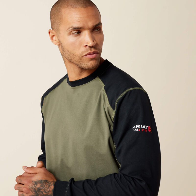 Ariat Men's FR Colorblock Baseball Long Sleeve Tee | Dark Sage & Black