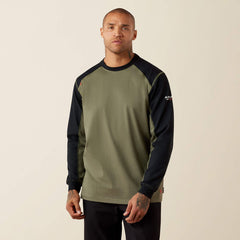 Ariat Men's FR Colorblock Baseball Long Sleeve Tee | Dark Sage & Black