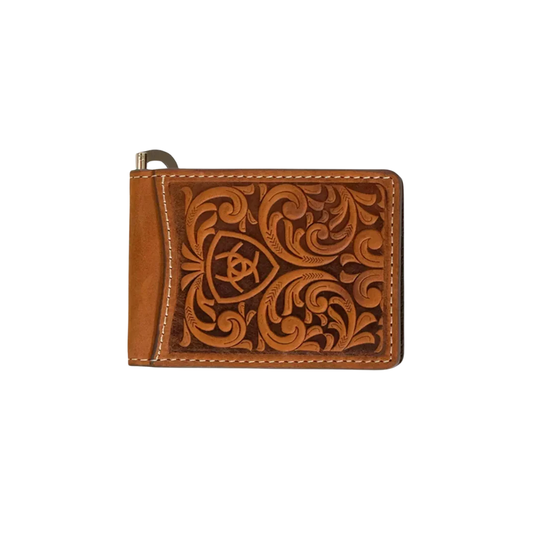 Ariat Men's Leather Embossed Bifold Money Clip Wallet
